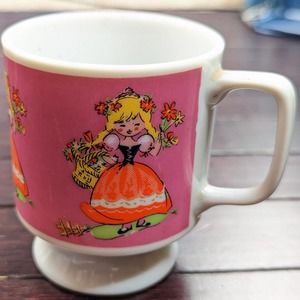 Vintage Pink Nevco Japan Coffee Tea Mug Cup Flower Danish German Girl Orange